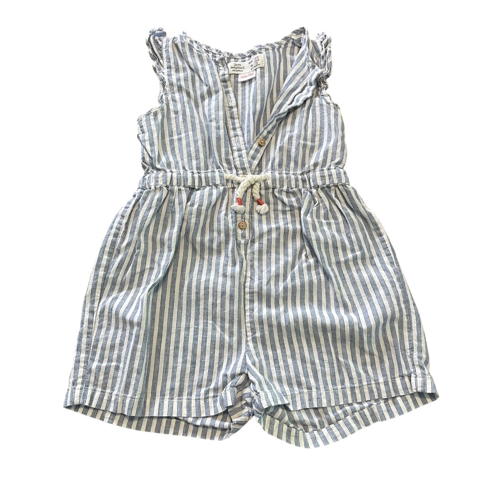 Zara Romper Toddler Girl 2/3 Blue White Nautical Coastal Striped Ruffle Button